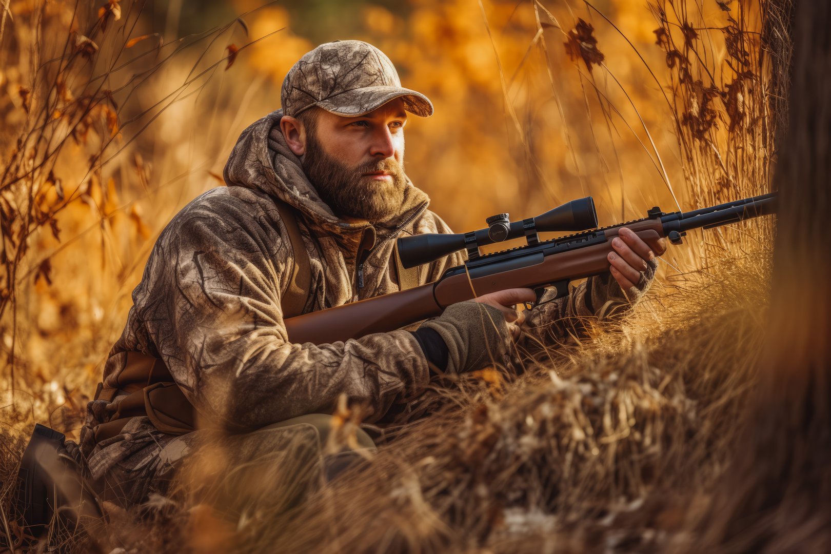 Hunter during hunting in forest. Hunter holding a rifle and aiming at deer. hunting expedition in the forest wearing brown jackets and reflective gear